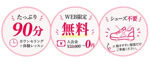 たっぷり90分（カウンセリング＋体験レッスン）・WEB限定 無料（入会金33,000円→0円）・シューズ不要